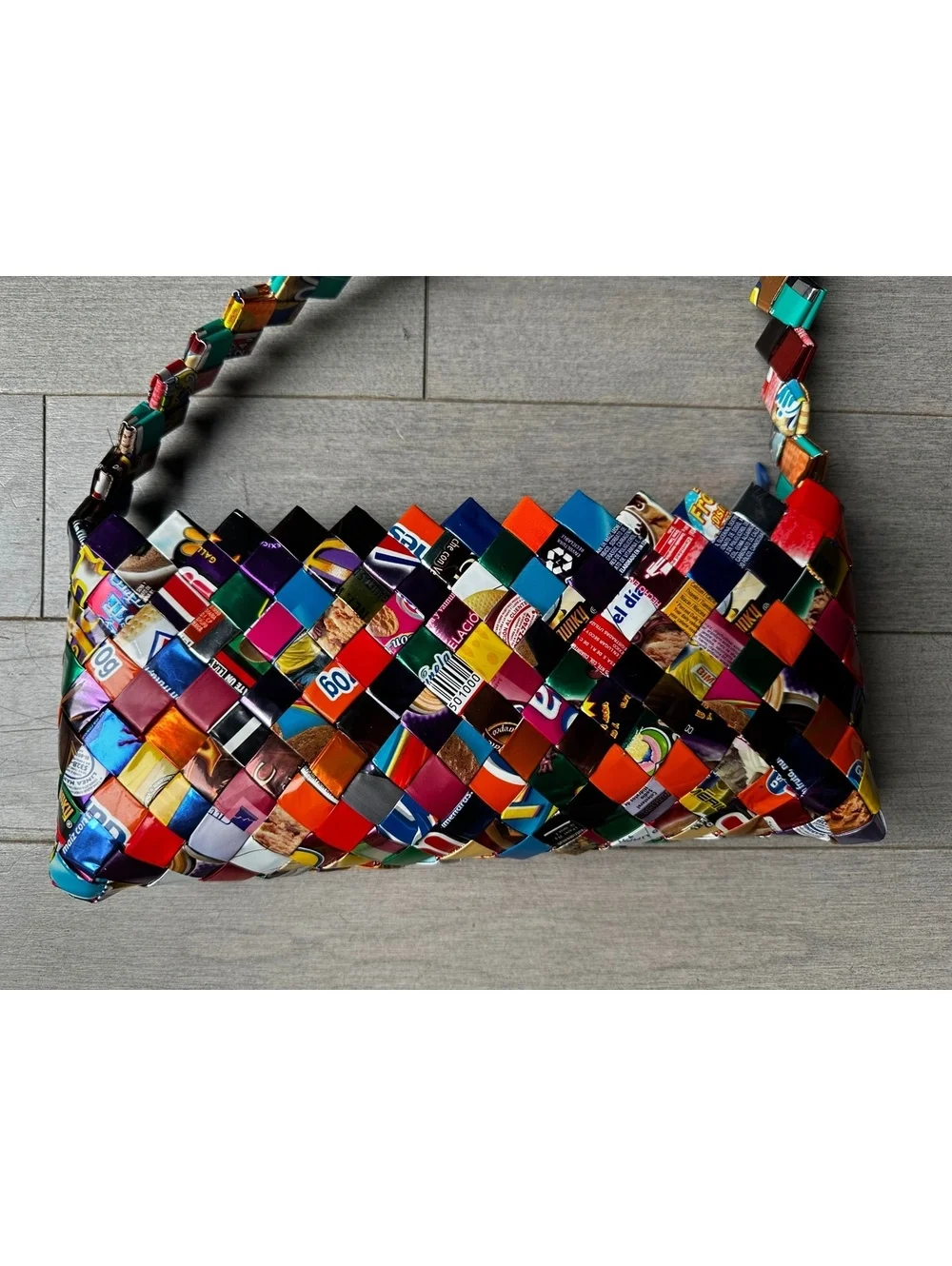 Handwoven Multicolor Recycled Paper Candy Gum Wrapper Shoulder Bag Purse